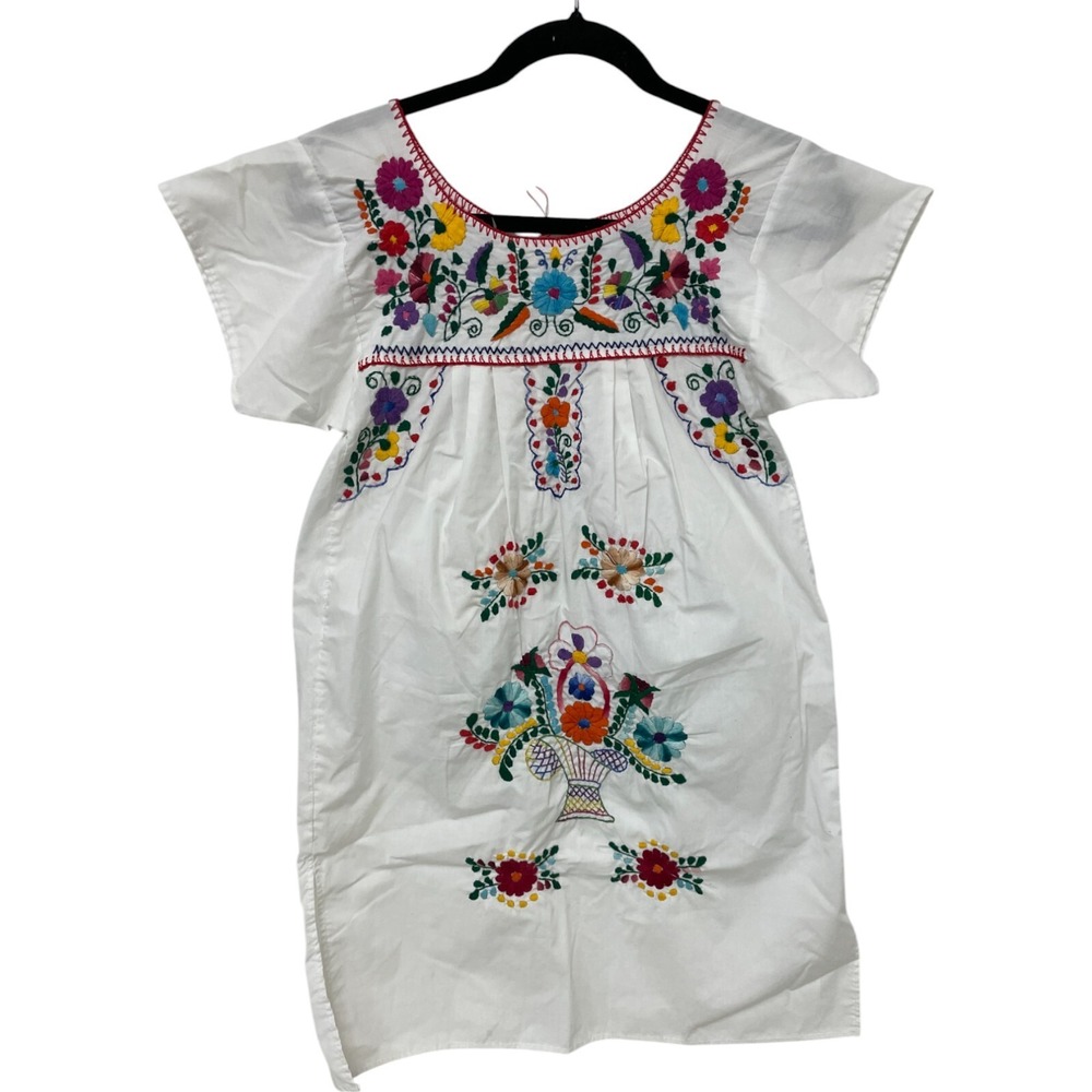 Vtg Girls Mexican Dress Embroidered Floral Pleated Round Neck Short Sleeve Boho